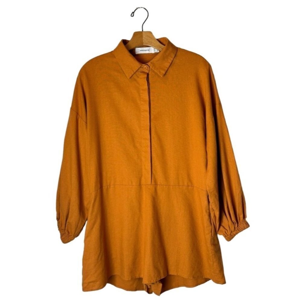 Whyte Valentyne Orange Terracotta Linen Blend Long Balloon Sleeve‎ Romper Size 2